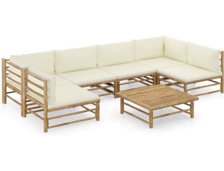 Conjunto 7 de muebles de jardín VIDAXL bambú y cojines blanco crema