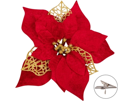 15 piezas Poinsettia Flores artificiales de Navidad Decoraciones Adornos para árboles de Navidad Rojo Brillo Dorado con clips