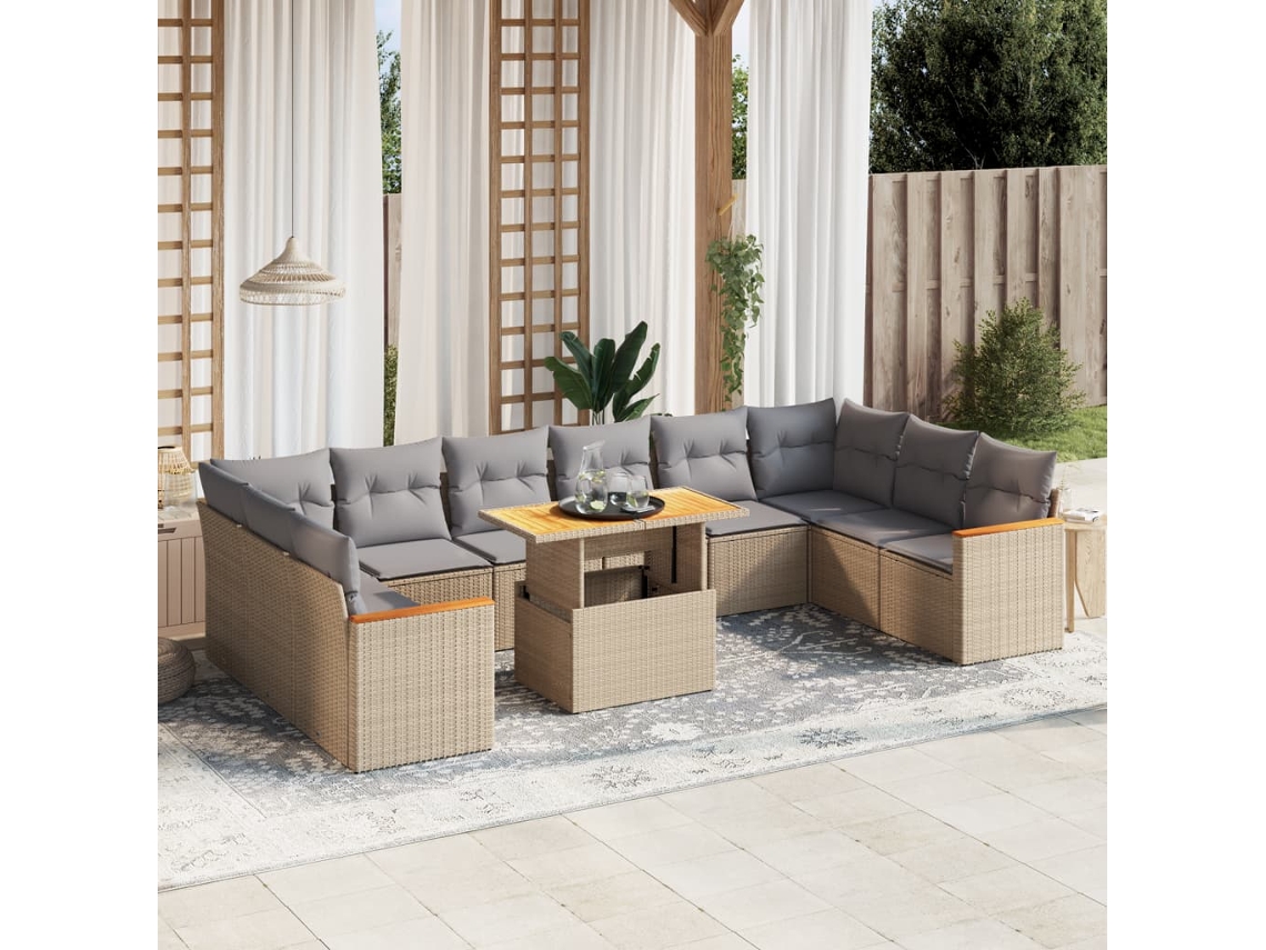 Conjunto de sofá de jardín de 11 piezas con cojines, mimbre sintético beige, DKD Home Decor