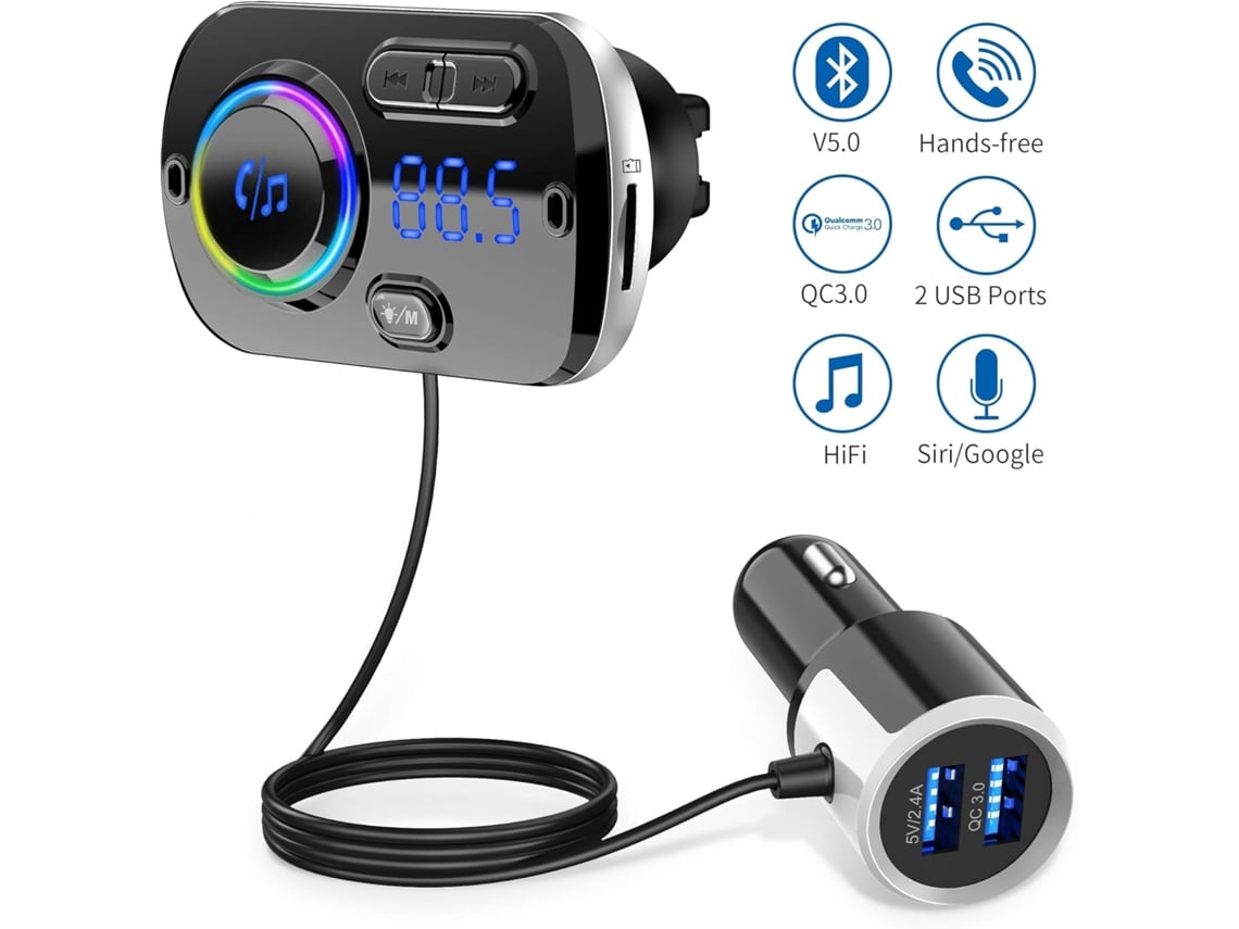Transmissor Fm Bluetooth 5.0, Adaptador De Rádio Sem Fio E Kit Veicular Hands-free, Portas Qc3.0 E 5v/2.4a, Entrada P2 (3,5mm), Cinza