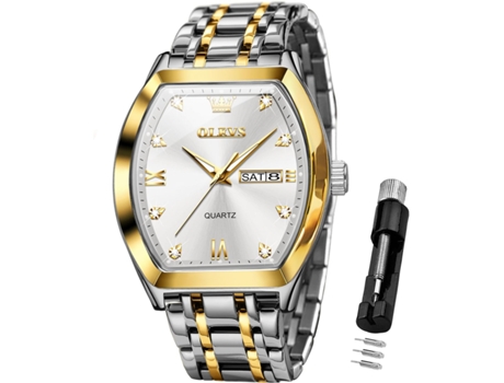 VEANXIN Reloj cuadrado con fecha de negocios, luminoso, resistente al agua, de acero inoxidable, con diamantes cuadrados para hombre(Oro y plata)