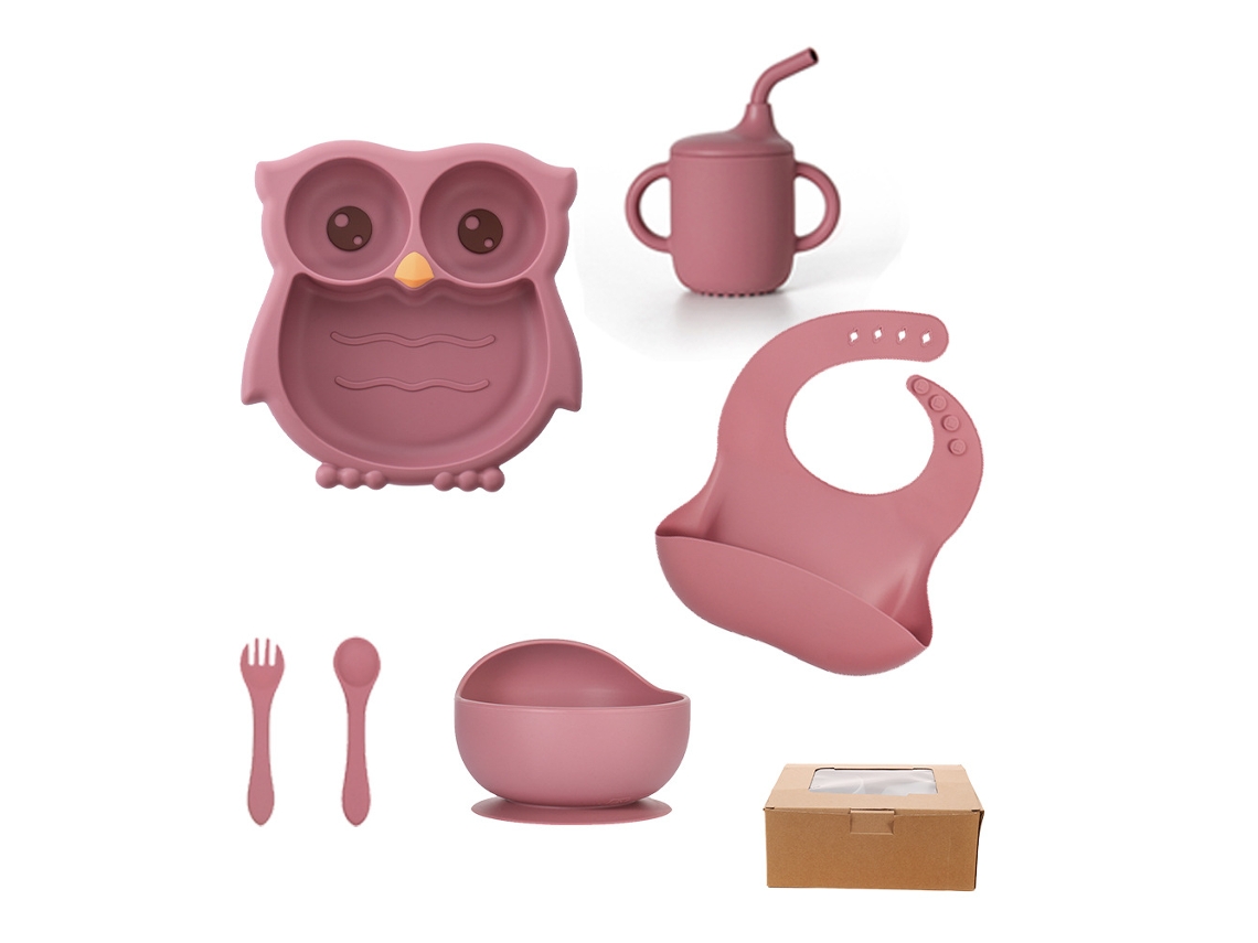 Juego de vajilla infantil de silicona, con forma de búho. Rosa Oscuro. Czhhmart