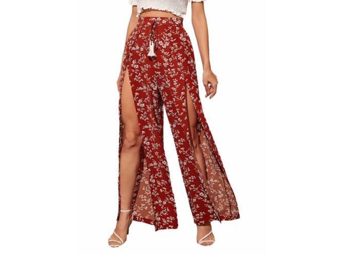 2026-24143-pantalones Largos Boho De Flores Con Split, Cintura Elástica Y Lazada Frontal De Campana Ancha L Borgoña