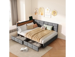 Sofá Cama Tapizado Con Iluminación Led, Puertos De Carga Usb Y 2 Cajones, 140x190cm, Cabecero Ajustable,tela Linen Fabric,gris,sin Colchón