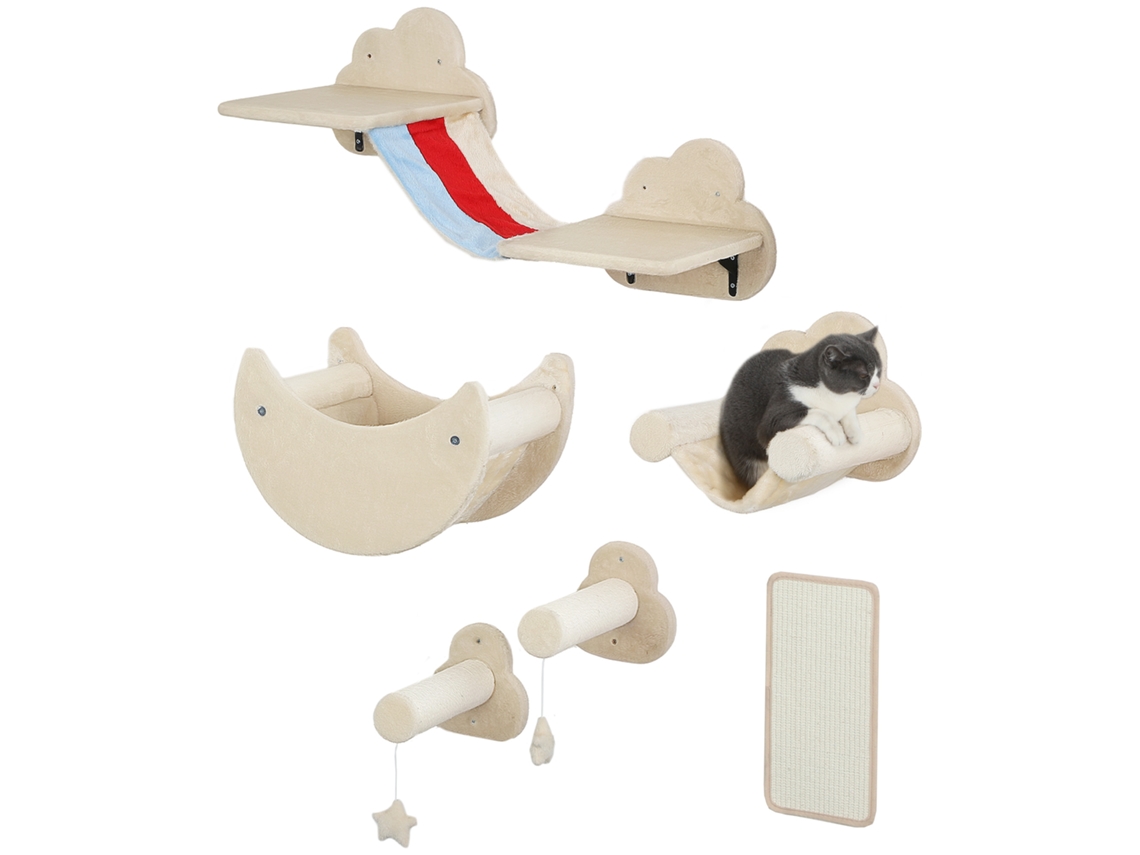 Conjunto De Pared Para Gatos, 6 Piezas, Plataformas De Red, Escaleras, Color Beige.