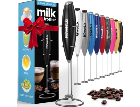POWERLIX Espumador de Leche Eléctrico de Mano Batidora Leche Espuma Con Soporte de Acero Inoxidable 15-20S Potente 19000 Rpm Batidor para Café