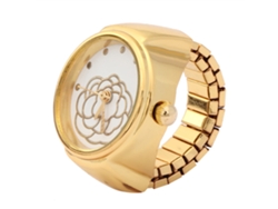 Reloj De Cuarzo Con Esfera Redonda Y Anillo De Dedo Dorado Para Mujer