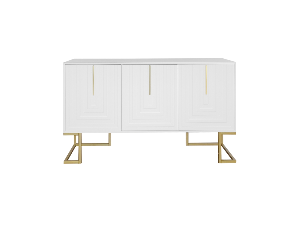 Aparador moderno con estantes ajustables, 3 puertas en forma de U, tiradores y base de metal blanco Mobrio