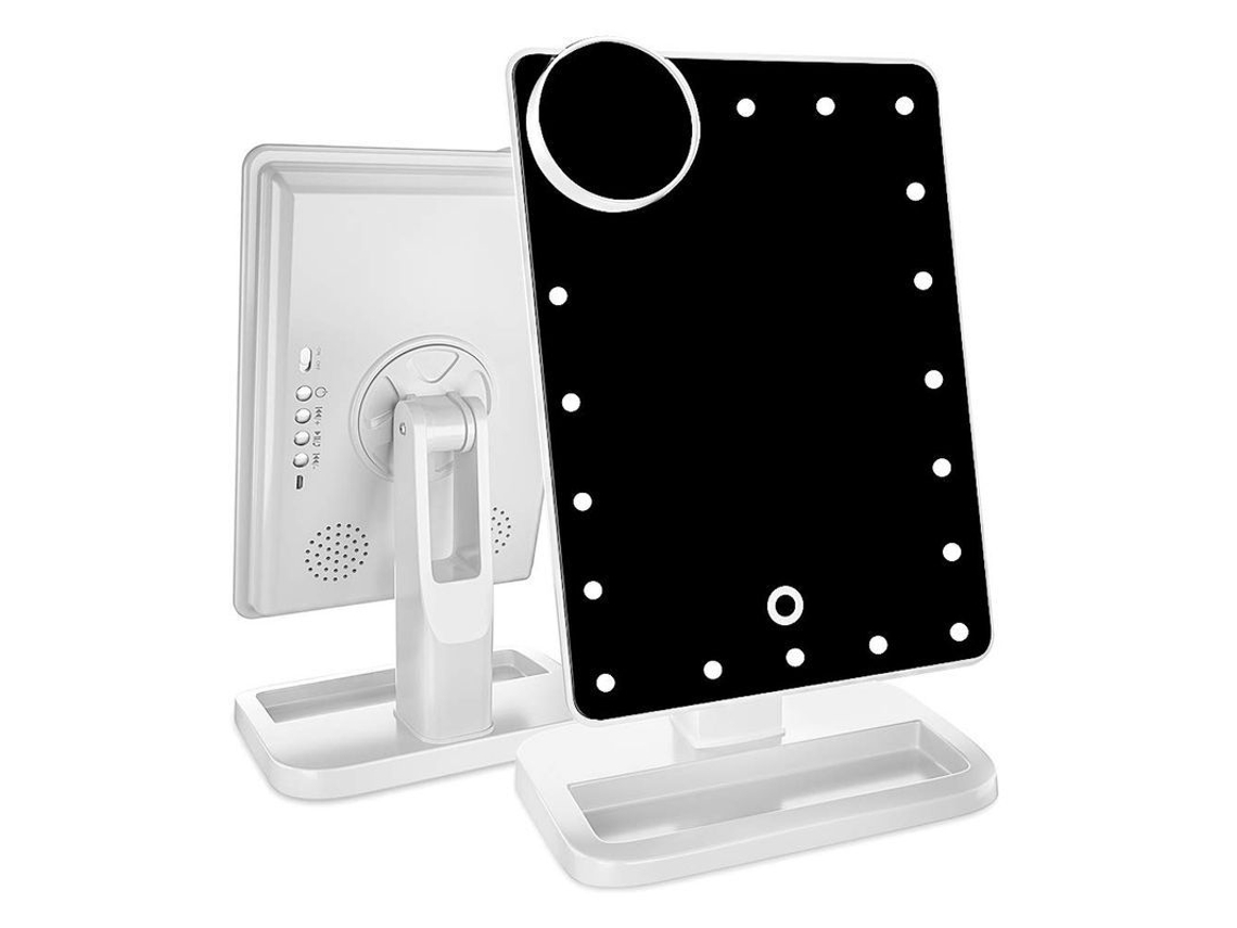 2026-espejo De Maquillaje Con Luz Bluetooth Pantalla Táctil 20 Led Ajustable 10x Rotación 360° Recargable Blanco