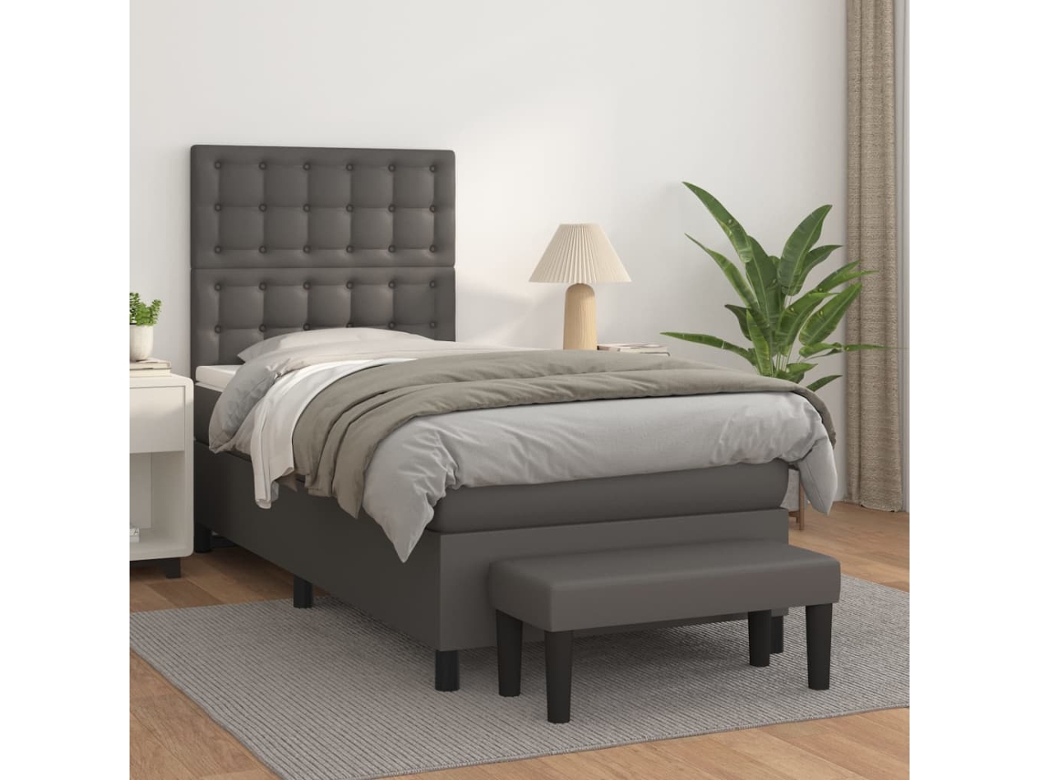 Cama Box Spring Con Colchón Cuero Sintético Gris 90x190 Cm