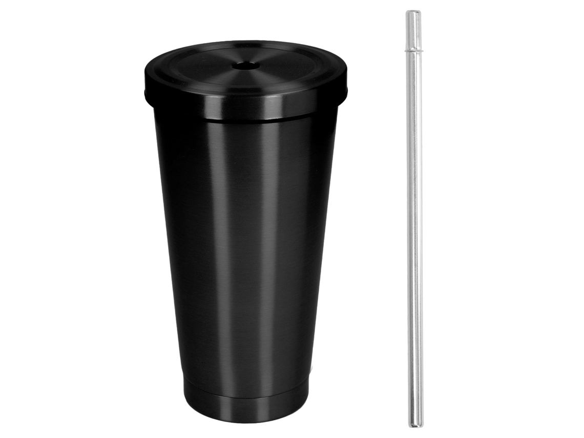 Taza De Agua Portátil De Acero Inoxidable Con Tapa Y Pajita Para Viajes Y Playa, 500 Ml, Negra.