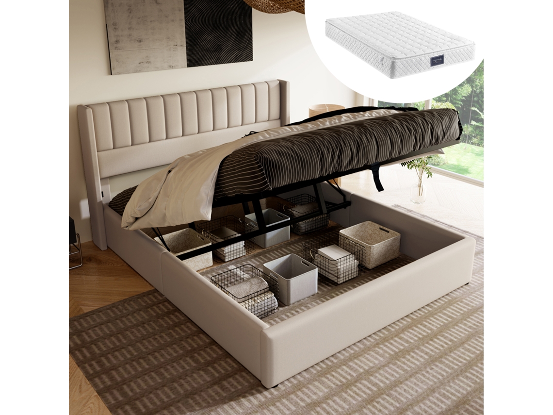 Cama Hidráulica 160x200cm, Tapizada En Lino, Cabecera Reclinable, Sombrilla De Listones De Madera, Robusta 199kg, Sin Colchón, Beige