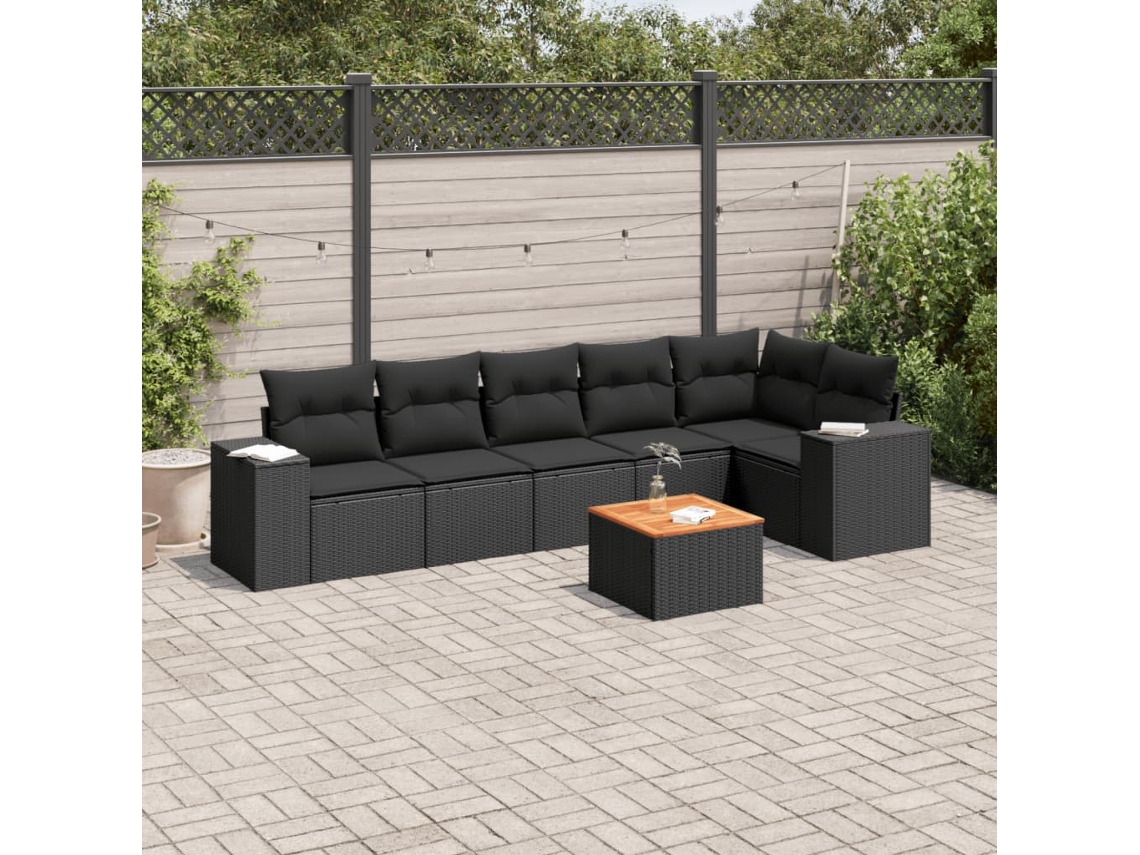 Conjunto de sofá de jardín de 7 piezas con cojines de mimbre negro de DKD Home Decor