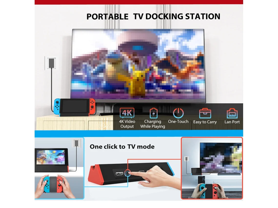 Base Tv Portátil Para Nintendo Switch/oled Com Porta Lan 1000mbs, Hdmi 4k, Carregamento E Portas Usb