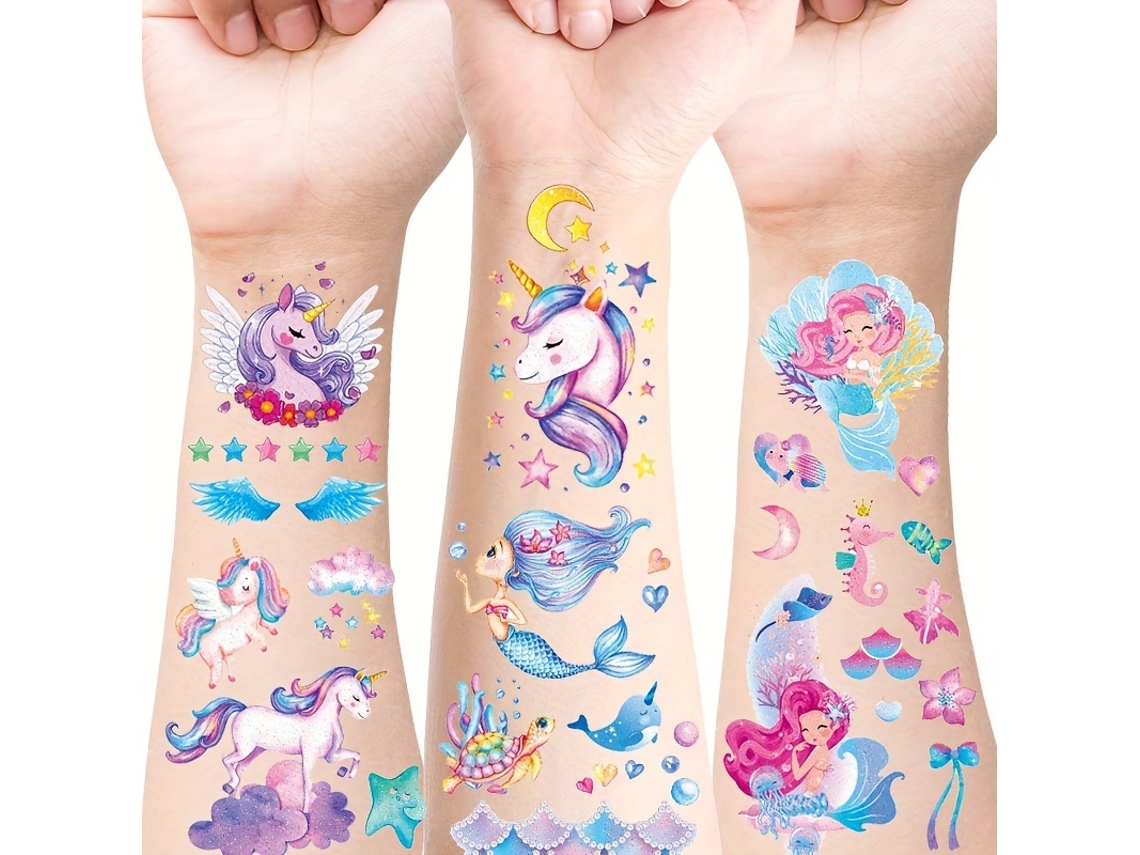 12 Pegatinas Temporales Brillantes De Unicornio Y Sirena Para Niños