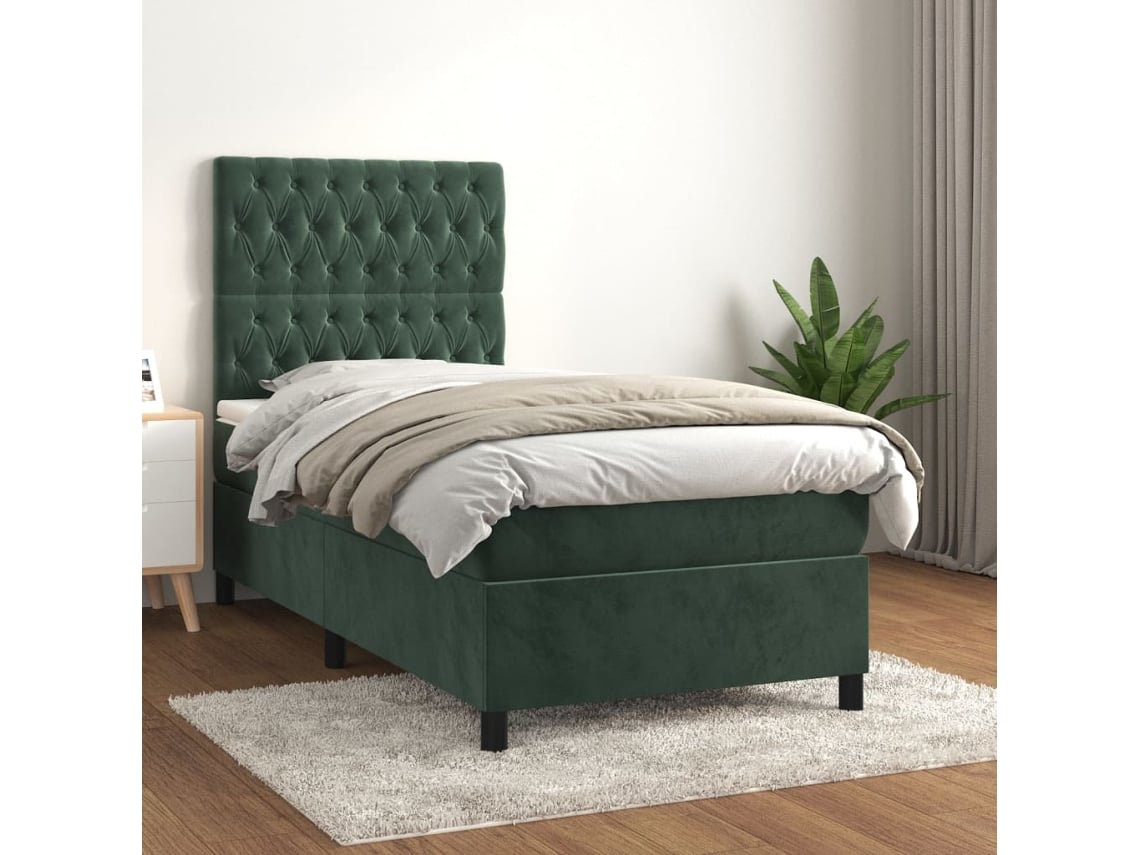 Cama Box Spring Con Colchón Terciopelo Verde Oscuro 100x200 Cm