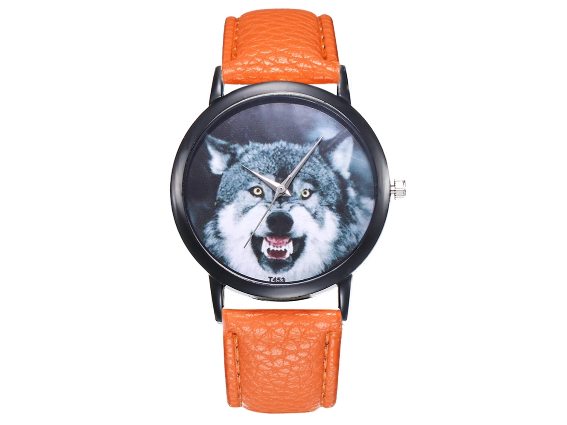 Reloj De Hombre Analógico Con Dial De Cabeza Animal Ultra Delgado Correa De Pu Naranja