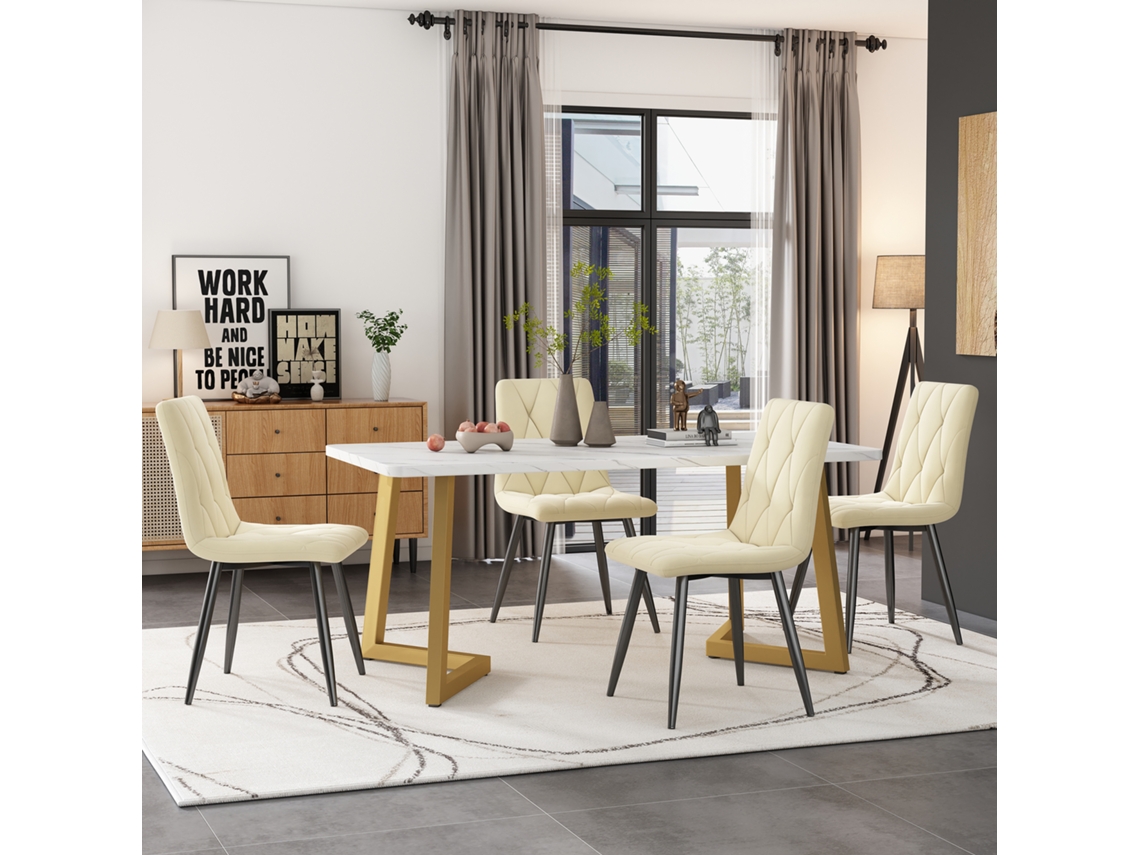 Set De Comedor 5 Piezas: Mesa 117×68 cm + 4 Sillas De Terciopelo Beige, Mesa Rectangular Moderna, Patas Doradas