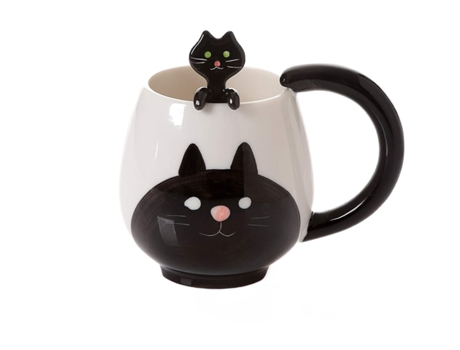 Taza XGF Taza y cuchara de gato de 12 oz, taza del gato, taza de animales lindos para leche, café, agua potable | tazas (negro)