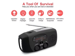 Radio de emergencia solar portátil Viewleaf con correa, linterna de 3 modos, sirena SOS y cargador de celular, ideal para acampar y sobrevivir.