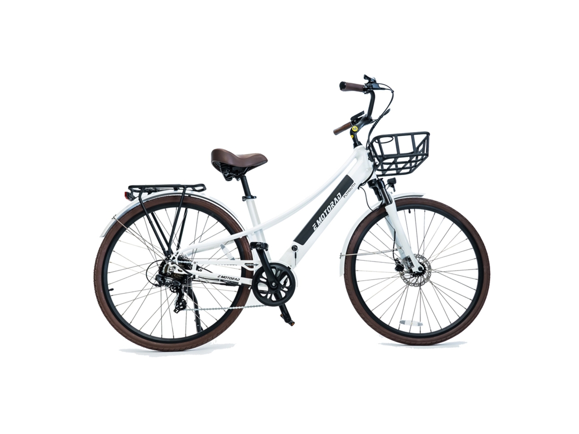 Bicicleta eléctrica Plymouth blanca para adultos, cuadro de aluminio con cuadro bajo | Neumáticos CST 70040c | Motor Emotorad de 36 V y 250 W