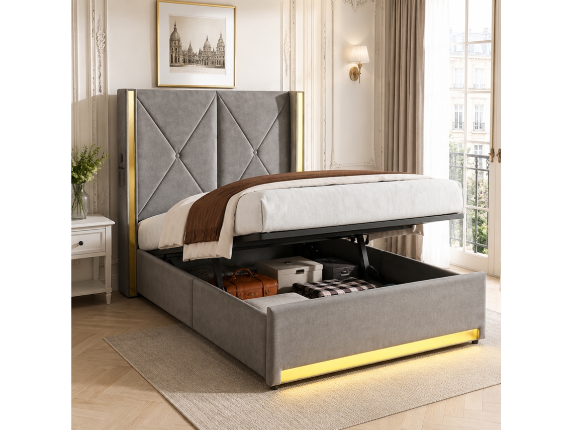 Cama de terciopelo de 90 x 200 cm, cabecero alto acolchado, bolsillos laterales, USB y LED, sistema hidráulico, espacio de almacenamiento, gris oscuro