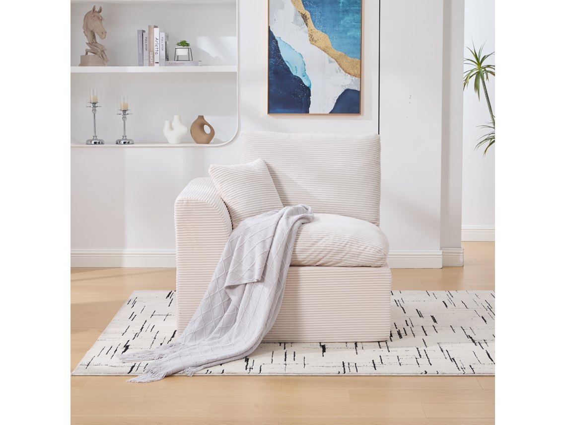Sofá De 1 Plaza Moderno Minimalista Escandinavo, Terciopelo Acanalado, Cojín Incluido, Sin Montaje, Asiento Mullido, Color Beige