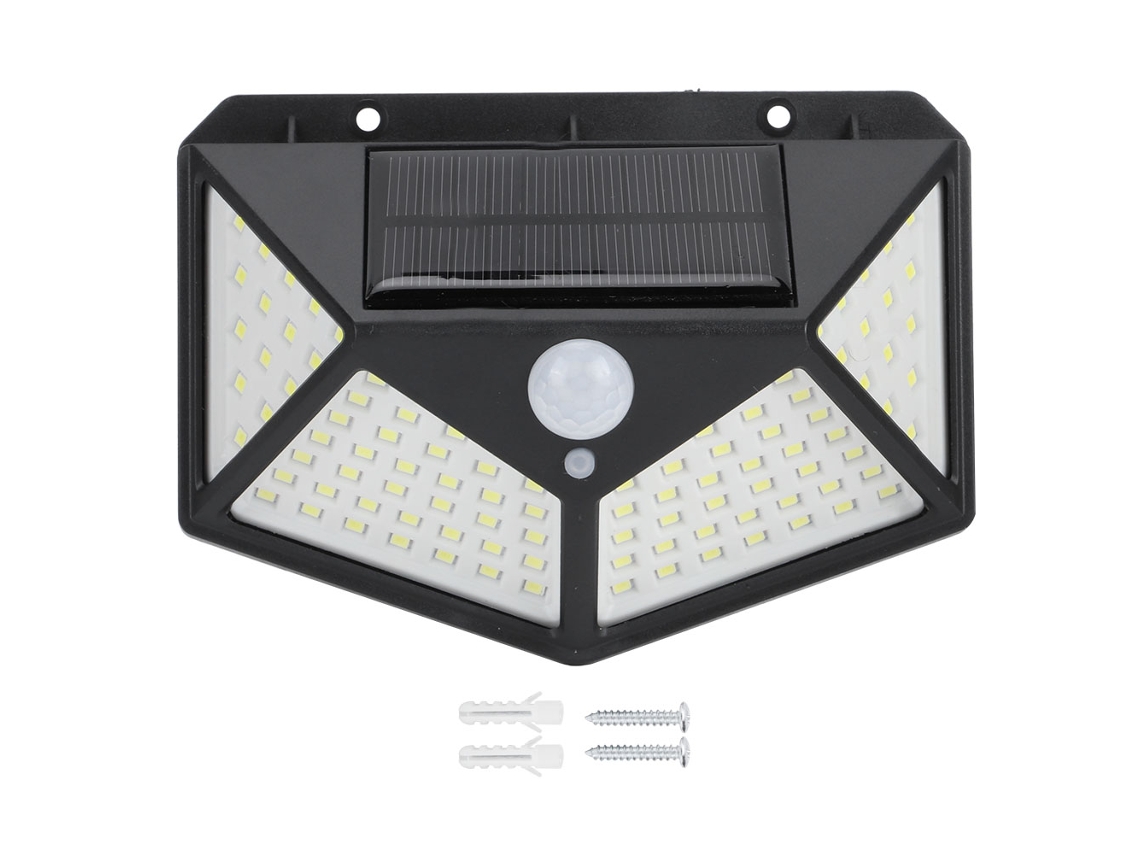 Lámpara solar con sensor de movimiento, 100 LED, resistente al agua, para jardín exterior.