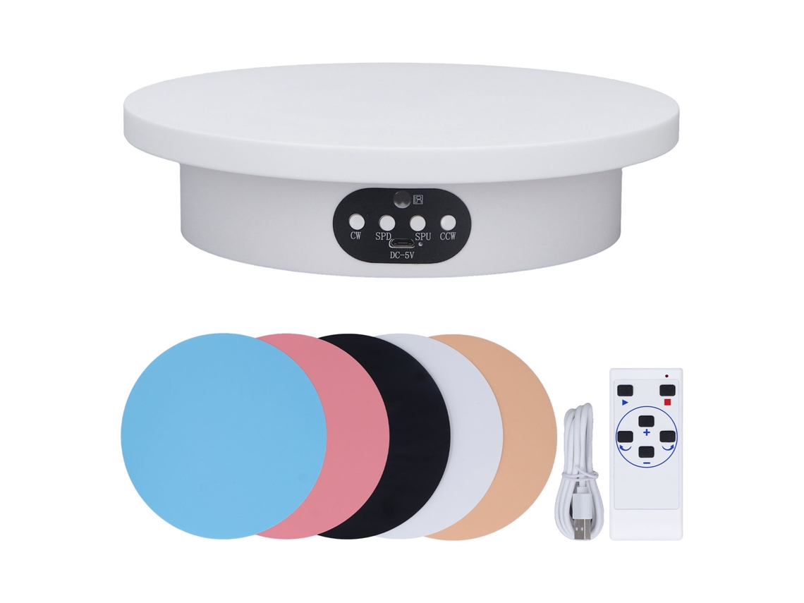 Base giratoria de 360°, alimentación por USB/pilas, velocidad ajustable, mando a distancia de 7,9 pulgadas.