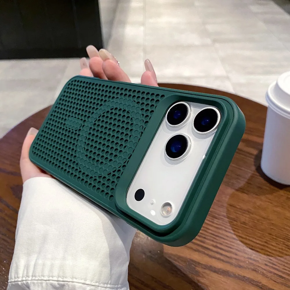 (verde Oscuro, Iphone 16 Pro) Funda Para Teléfono Con Diseño De Malla Perforada Para Disipación De Calor, Compatible Con Magsafe.