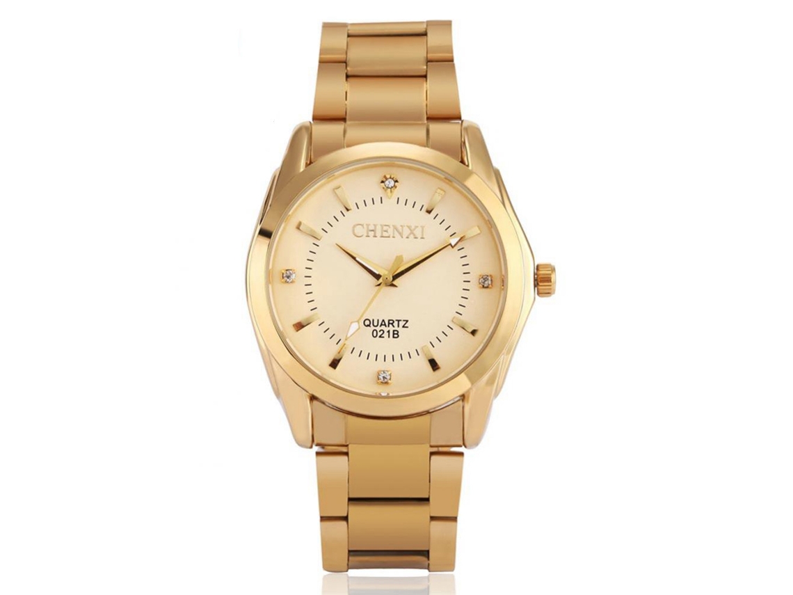 Reloj Hombre De Cristales Strass Correa Acero Inoxidable Cuadro Dorado De Cuarzo