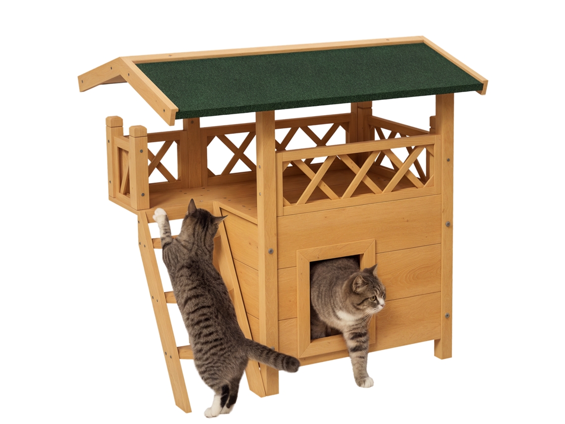 Casinha Gatos 2 Andares Telhado Asfalto Escada Varanda 77x50x73cm Natural