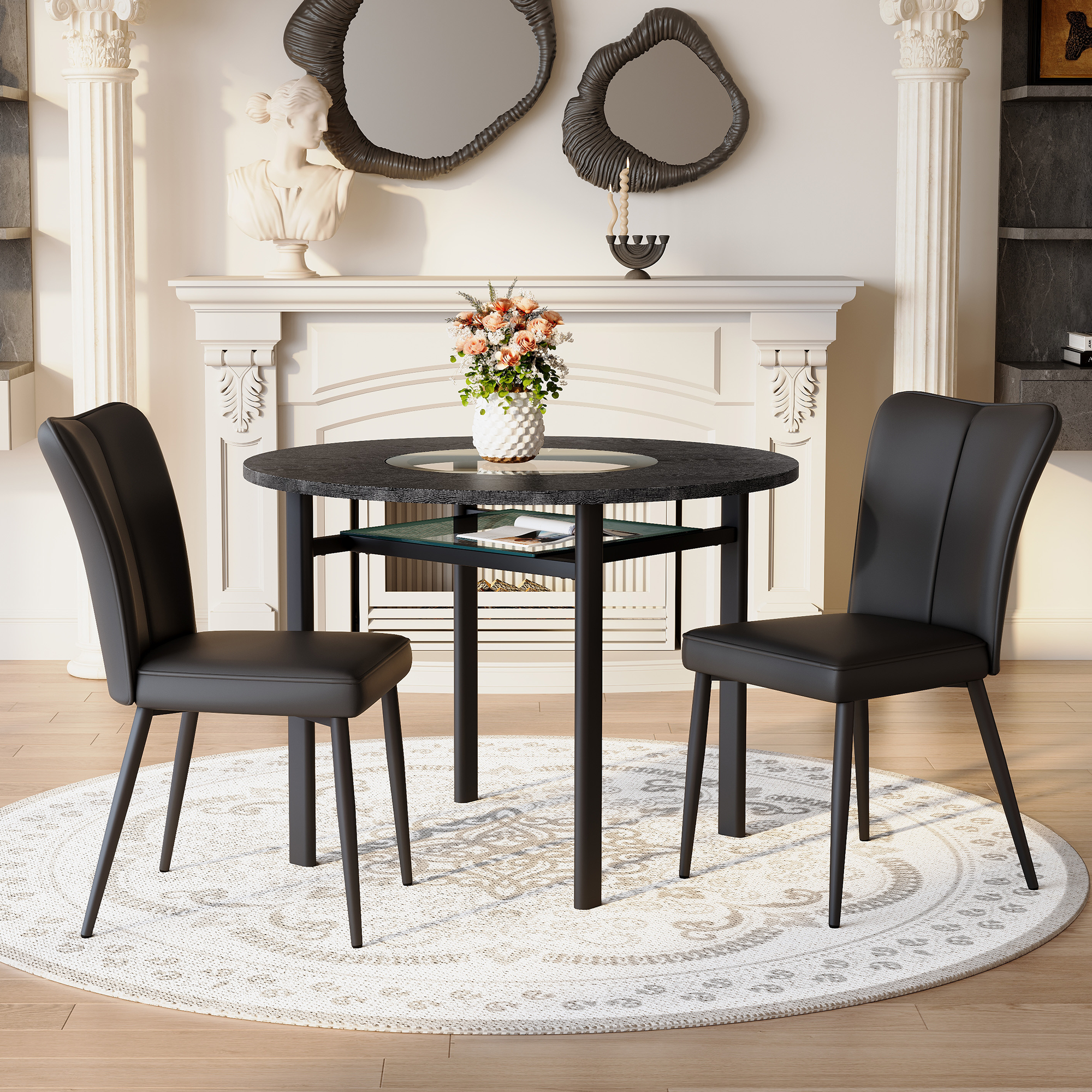 Mesa redonda de 100 cm con 2 sillas, patas de metal y poliuretano negro.