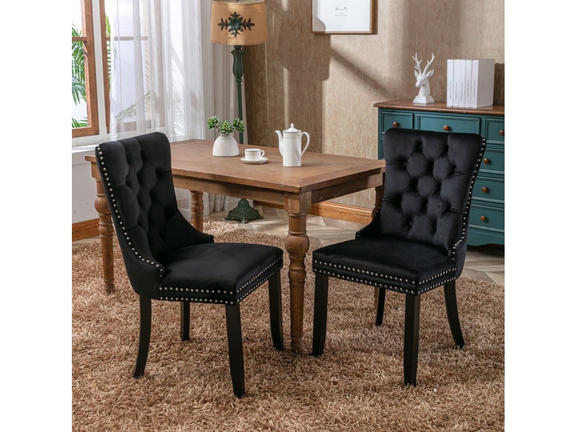 Silla De Comedor 2 Piezas - Modernas, Tapizadas En Terciopelo Con Respaldo Capitoné Y Patas De Madera - Negro