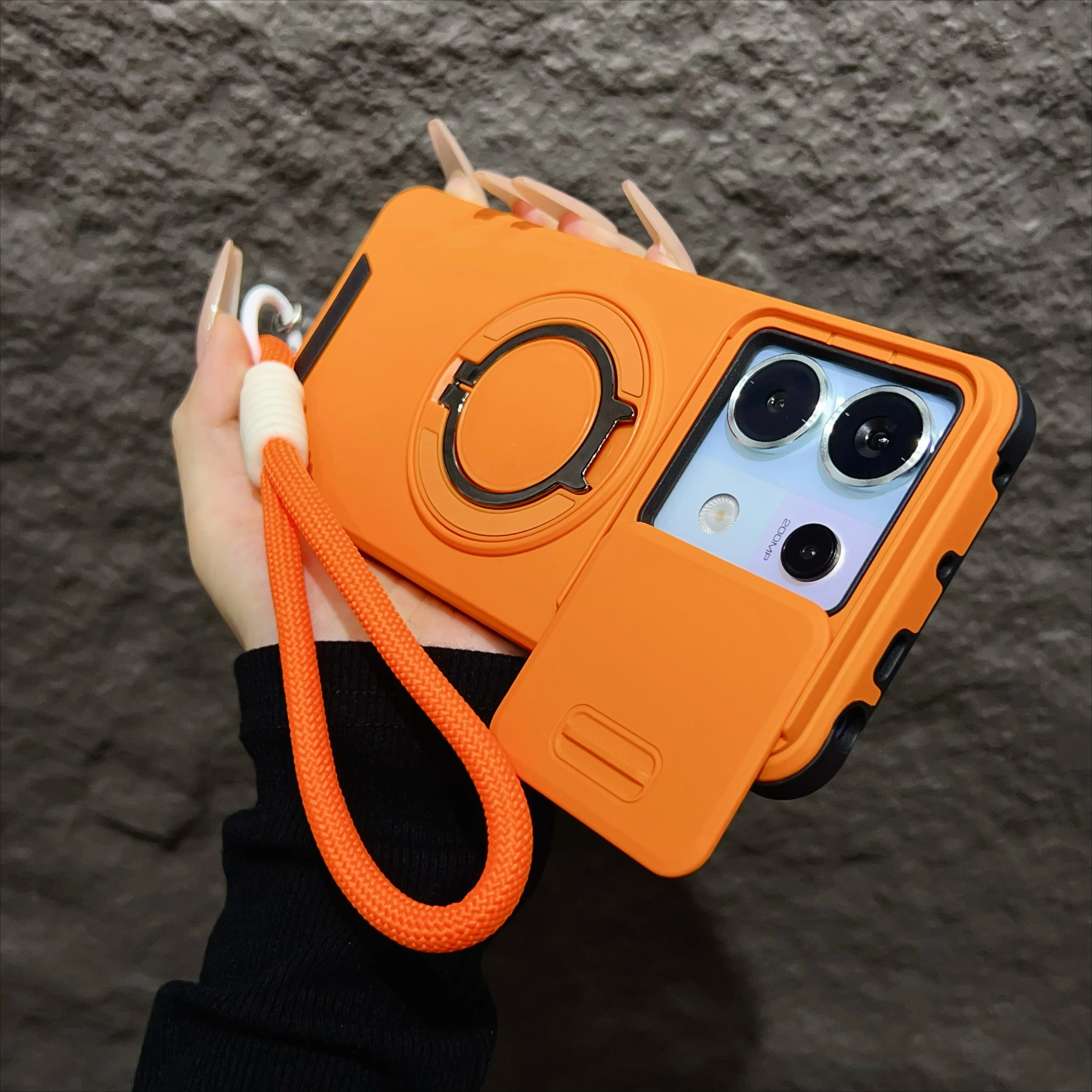 (naranja, Redmi Note 14 Pro) Funda Protectora Para Soporte Giratorio 360° Con Aro Magnético De Succión. Protección Antichoque