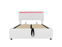 Cama contenedor de lino de 140 x 200 cm con LED y tomas USB en la cama, con base, color blanco