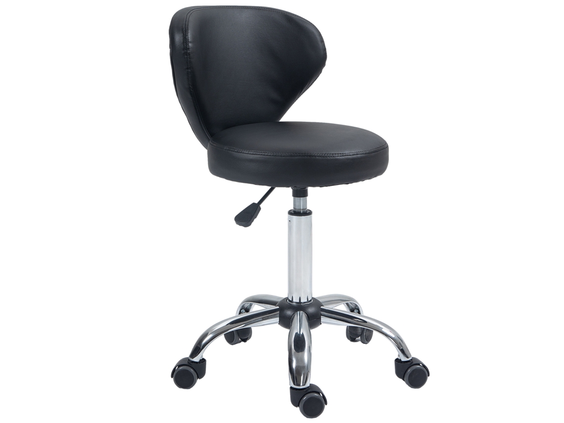 Taburete De Masaje Giratorio De 360°, Altura De 49 A 64 Cm, Respaldo De Cuero Cromado Negro.