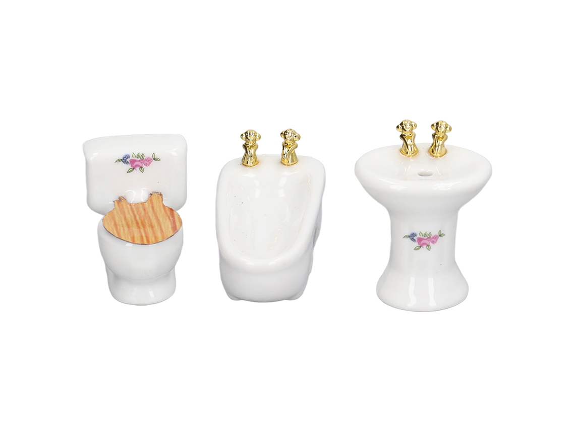 Juego De Baño En Miniatura Para Casa De Muñecas A Escala 1/24: Bañera De Cerámica, Inodoro, Lavabo Y Flor (3 Piezas).