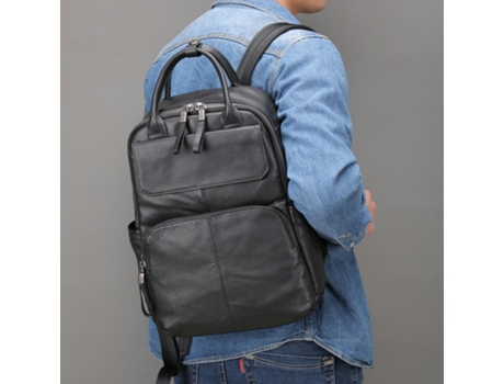 Mochila de cuero genuino Bolsa para computadora portátil vintage Mochila informal resistente al agua para hombres-816 Negro