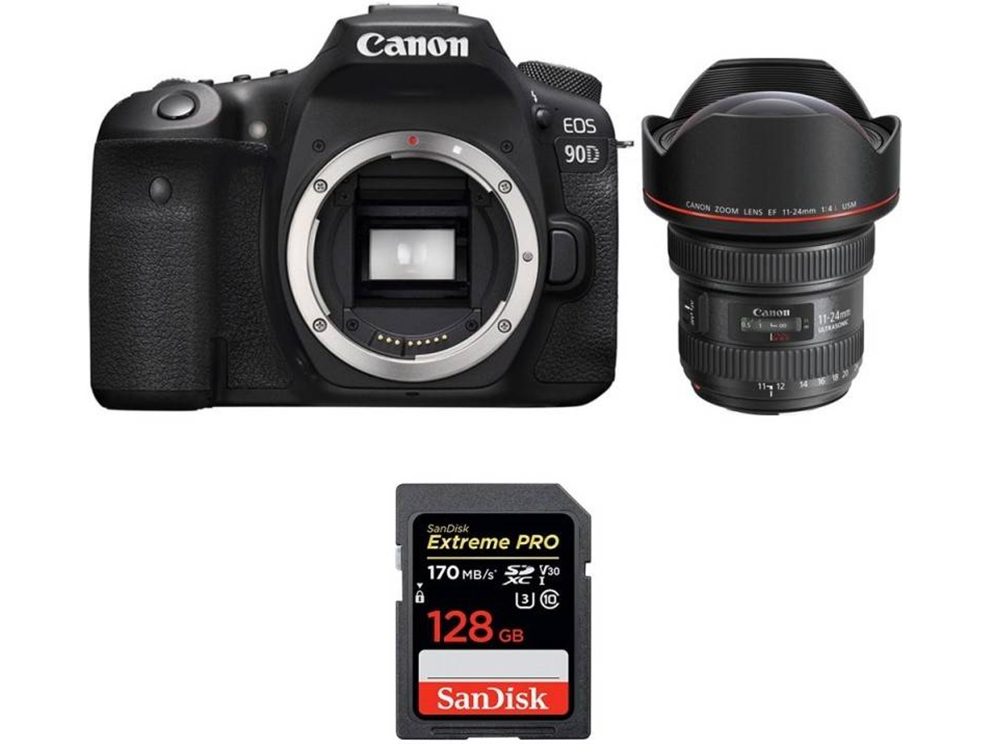 Kit Cámara Réflex CANON EOS 90D + EF 11-24mm f/4L USM + SanDisk 128GB