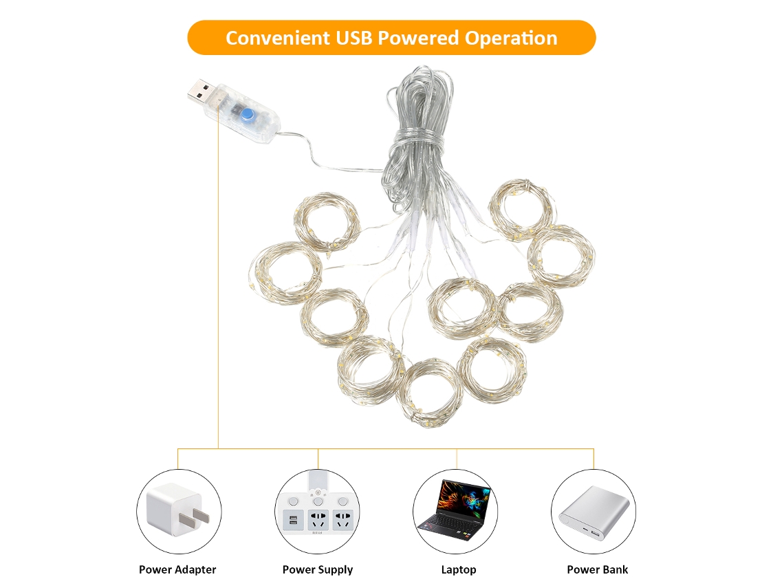 Rebe-luz De Cortina De Hadas 300 Led 5v Usb 8 Modos 3 Niveles De Brillo Con Control Remoto/timer Para Navidad Fiestas Decoración Interior Exterior