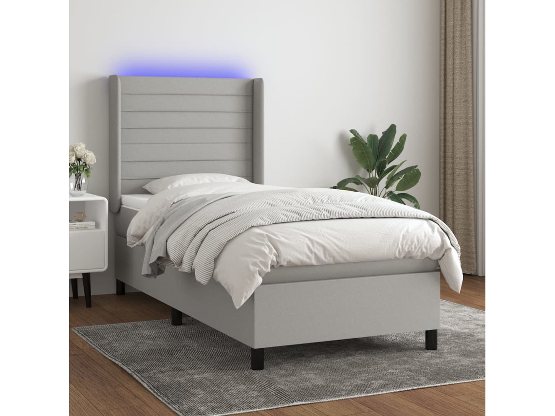 Cama Box Spring Colchón Y Luces Led Tela Gris Claro 90x200 Cm