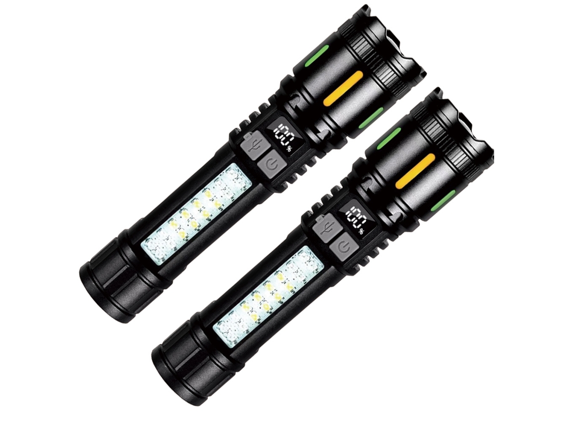 Linterna LED de largo alcance superbrillante, luz táctica con indicador de potencia, recargable por USB, zoom telescópico, ideal para acampar. Viewleaf