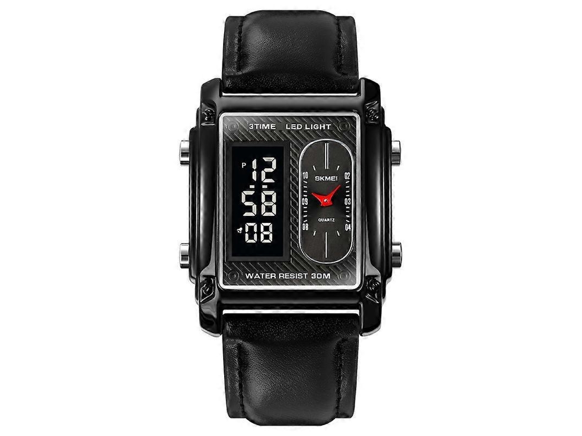 Reloj Skmei 1868 para hombre, cuadrado, con doble pantalla, resistente al agua, con correa de cuero Hengrongshen (negro)