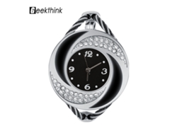Reloj Analógico De Cuarzo Geekthink, Brazalete Abierto, Plateado Y Negro Con Piedras.