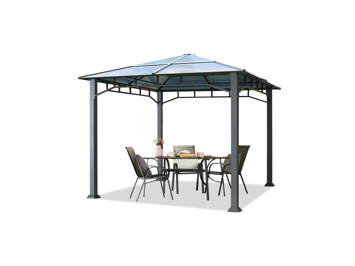 Gazebo de jardín de aluminio de 3x3 m con techo de policarbonato (aprox. 8 mm) y portaherramientas