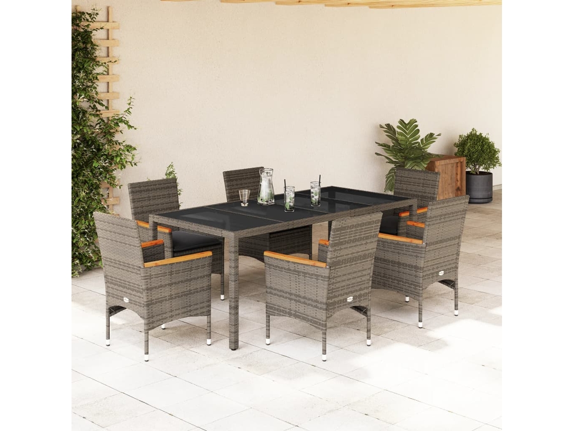 Conjunto 7 Piezas Jantar Jardim C/ Almofadões Vime Pe/vidro Cinza Dkd Home Decor