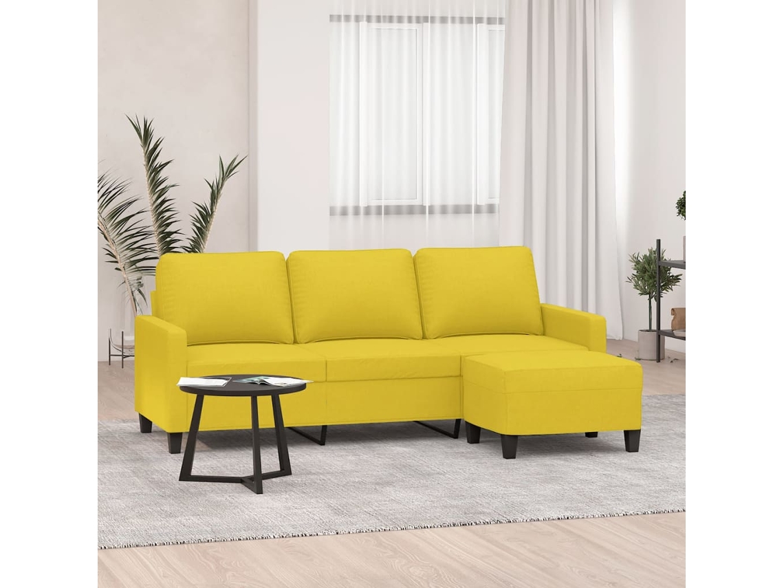 Sofá De 3 Plazas Con Taburete De Tela Amarillo Claro 180 Cm