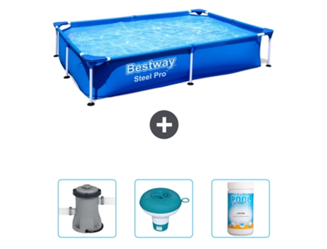 Piscina BESTWAY Rectangular Steel Pro - 221 x 150 x 43 cm - Azul - Incluida Bomba - flotador de cloro - Cloro