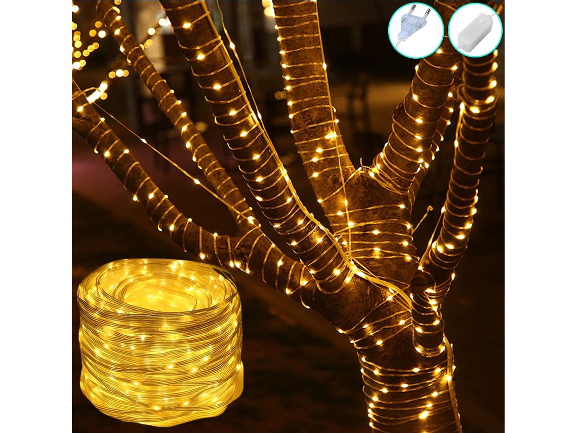 Tira de luces LED de 10 m y 100 LED, resistente al agua IP67, luces navideñas, 8 modos, para interior y exterior, jardín y fiesta, blanco cálido.